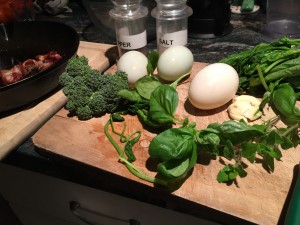 Ingredients: Super duck eggs, fresh basil spinach, kale and broccoli